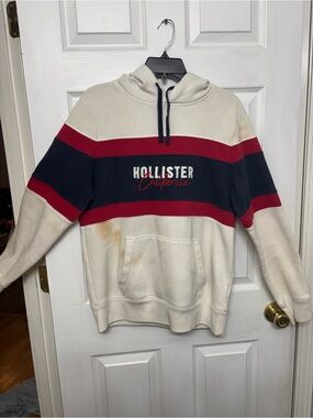 Hollister Cream Navy & Red Striped Pullover Hoodie